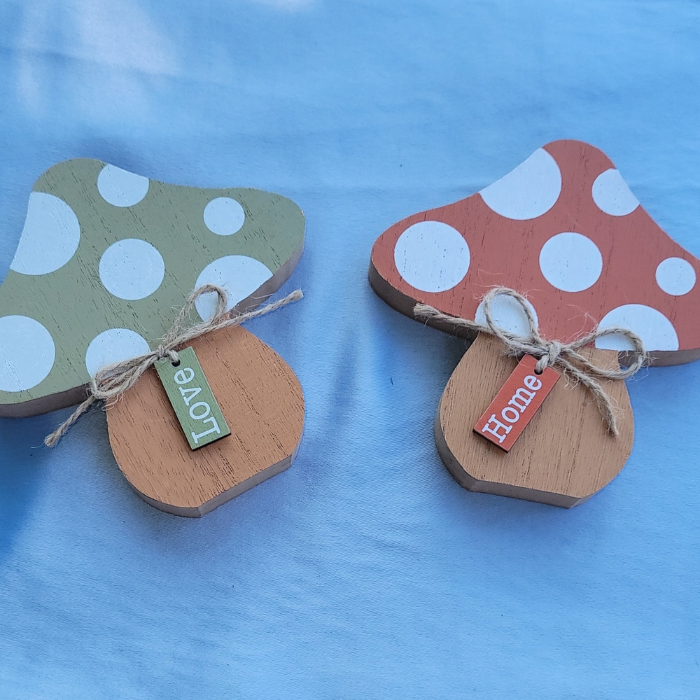 Wooden Mushroom Decor with Polka Dots